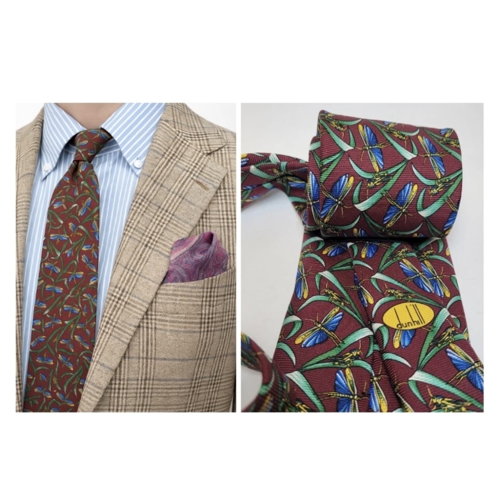 Dunhill 100% Silk Men Tie Dragonfly Print Burgundy ITALY Novelty Necktie 57×3.75